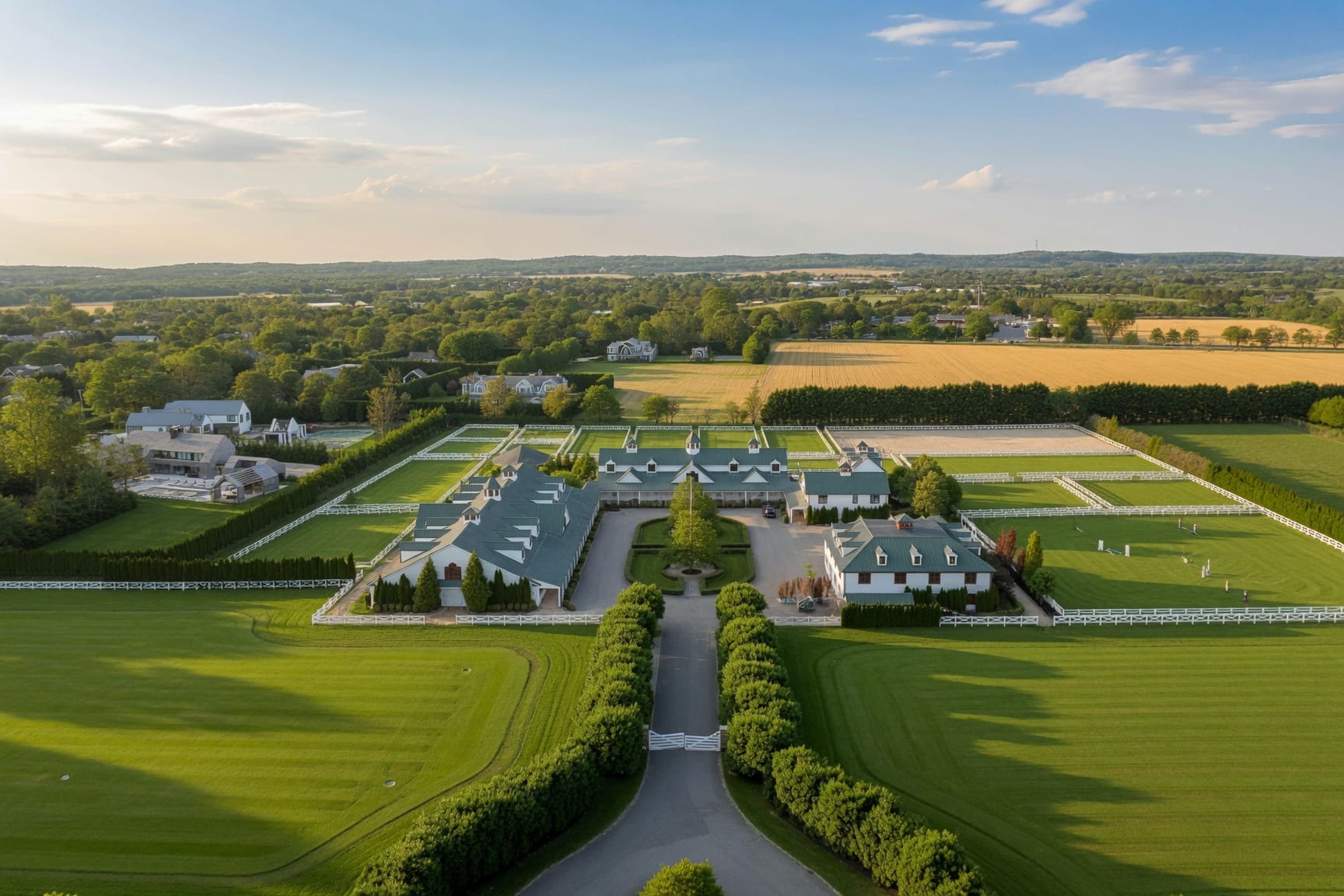 Open Bridgehampton horse country with hedgerows and a Hamptons estate in summer, an East End area with ultra-low property-tax rates