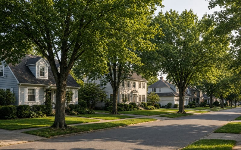 Tree-lined Long Island street with cape and colonial style houses, the neighborhoods where these cash home buyers compete