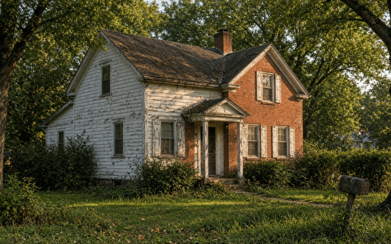 Older farmhouse with peeling paint and exposed brick, bought as-is for cash on Long Island, liens and all