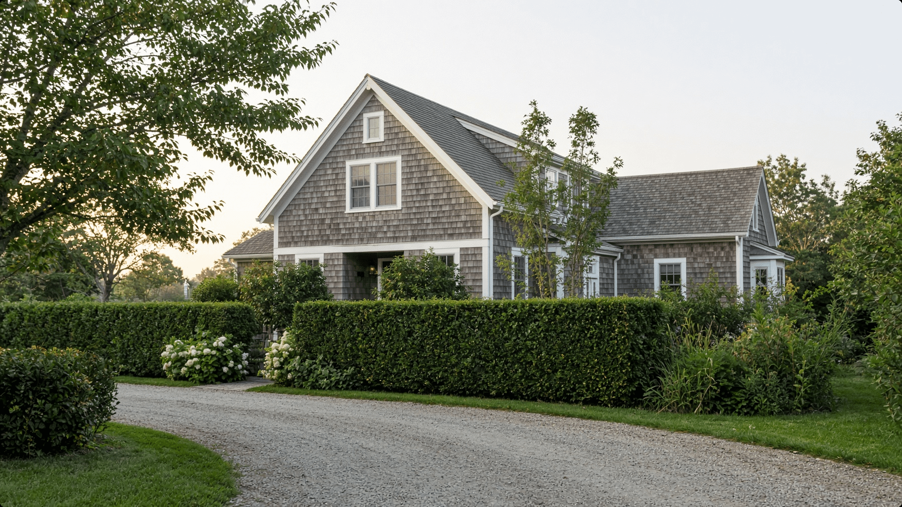Cedar-shingle East Hampton style house behind a privet hedge, where an updated certificate of occupancy is required when ownership changes