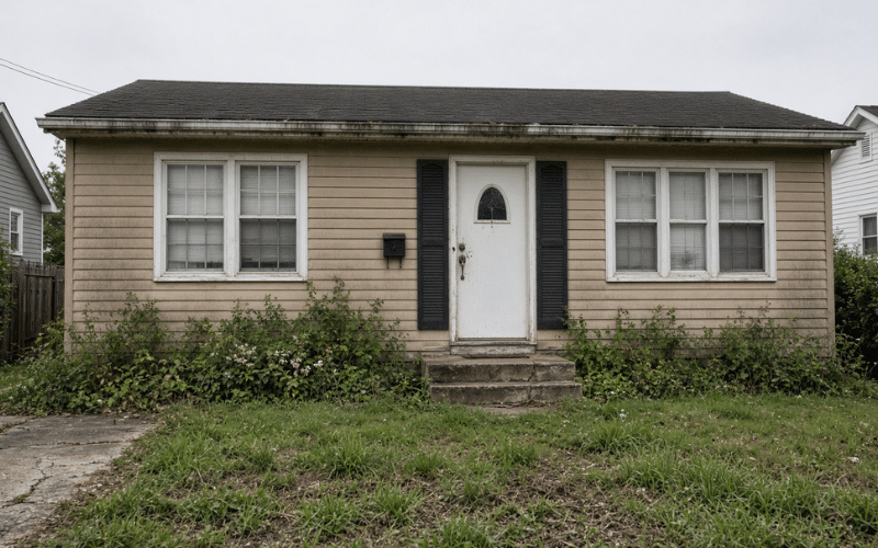 Small tan ranch house with black shutters and an overgrown lawn, behind on property taxes in Nassau County