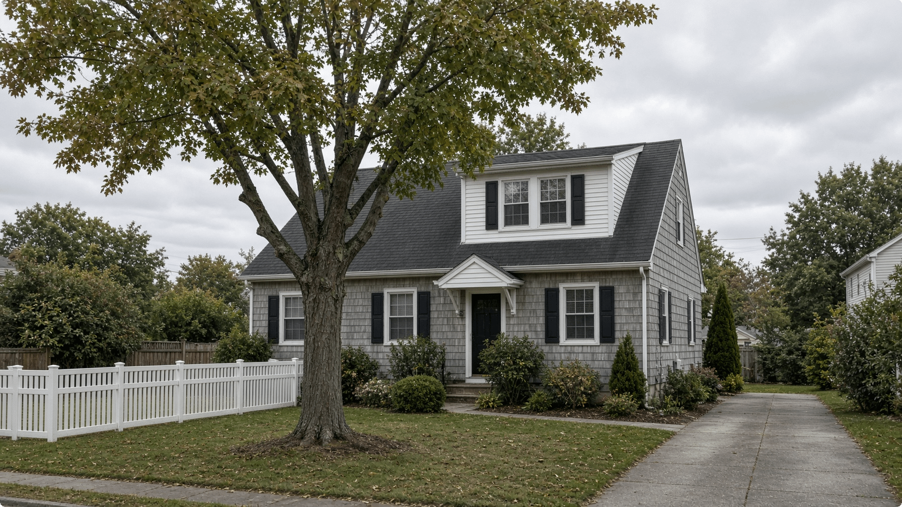 Cape-style Long Island house with black shutters and a white fence, sold as-is with its code violations to a cash buyer