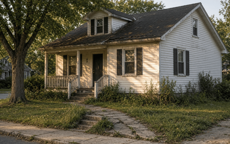 Weathered cape-style house with a covered front porch and overgrown yard, the kind of New York home that can still be sold with a lien on it