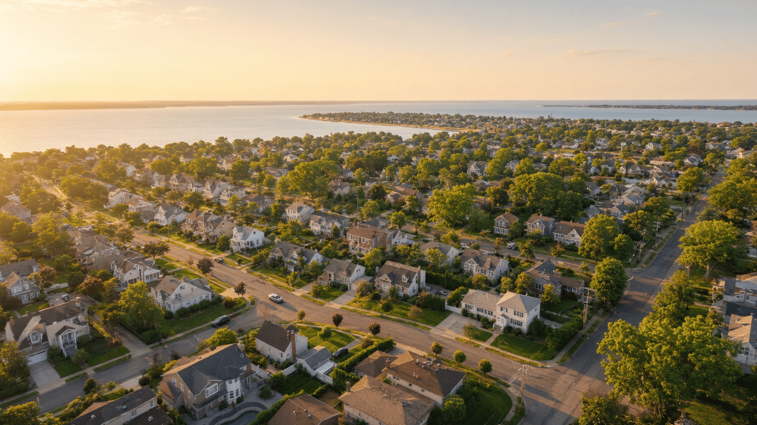 Aerial view of a Suffolk County NY neighborhood on the water