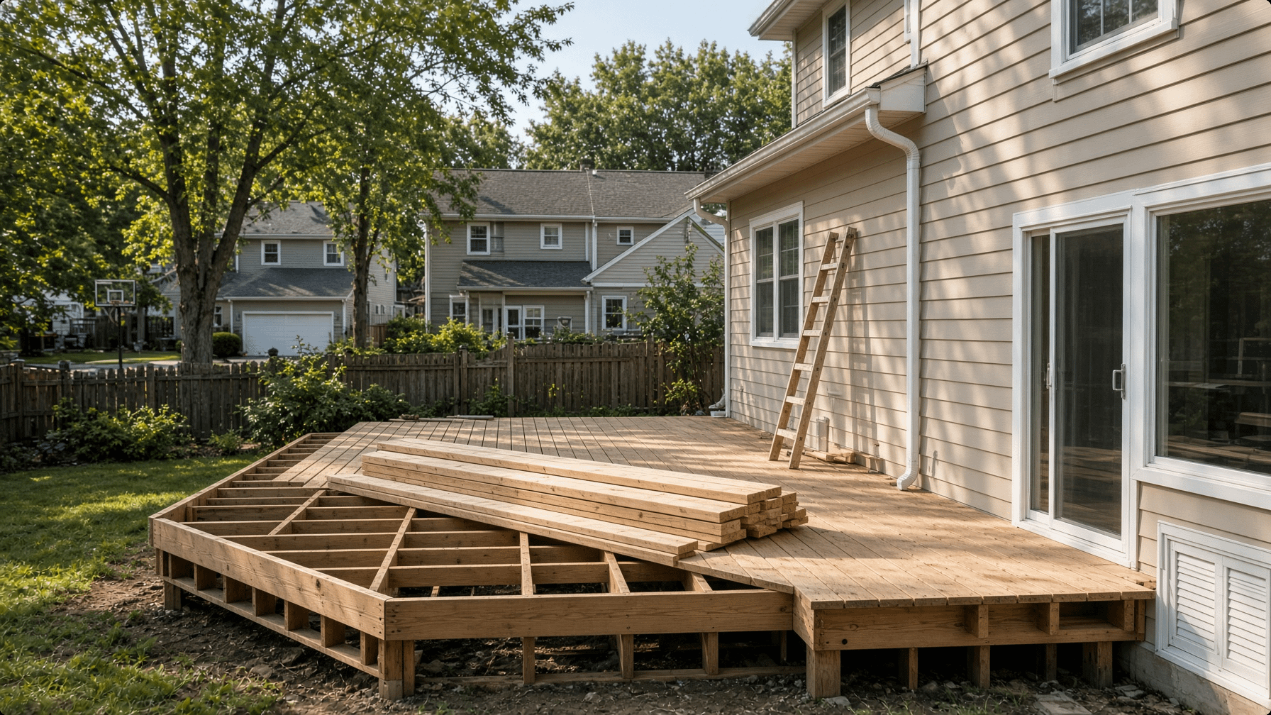 Half-finished backyard deck with exposed joists and stacked lumber on a Long Island house, the kind of project that needs its permit closed out