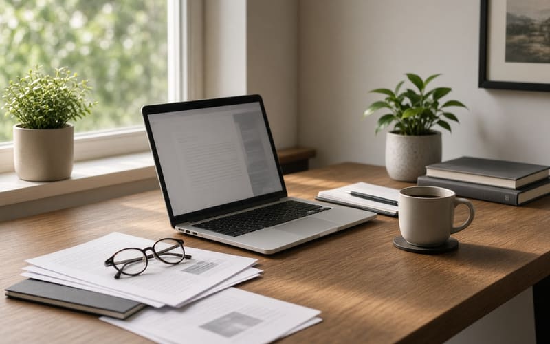 Home office desk with a laptop, printed records, and reading glasses, set up to verify a Long Island cash home buyer's license and reviews