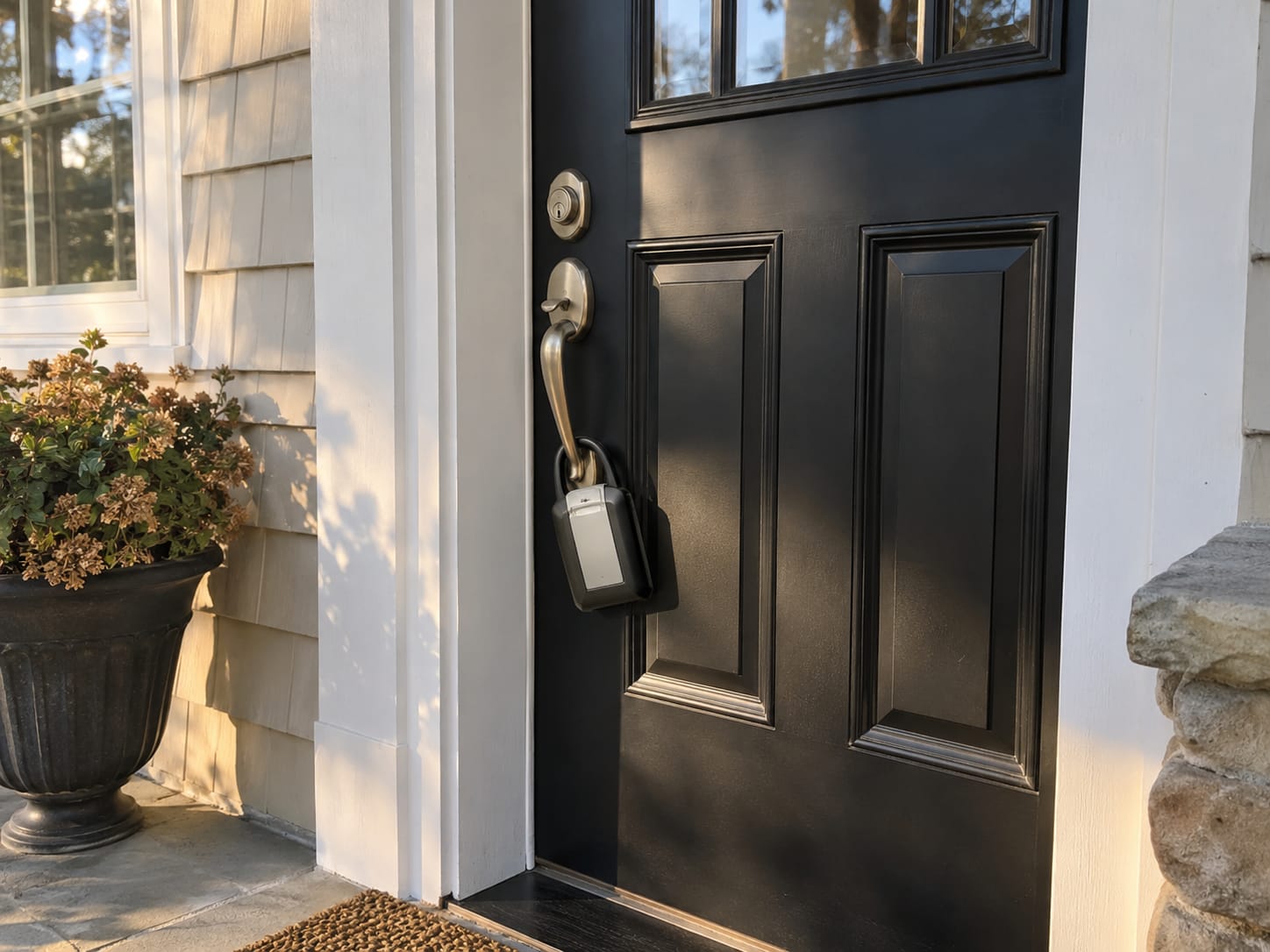 Realtor lockbox hanging on the front door handle of a Long Island house in afternoon light, while attorney and title work runs