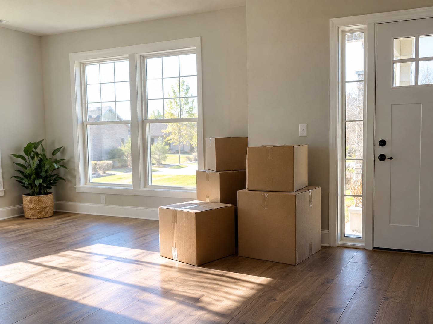 Stacked cardboard moving boxes in a bright empty Long Island living room near the front door on moving day
